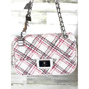 Karl Lagerfeld Women’s Lafayette Pink Plaid Leather Fabric Shoulder Bag NEW